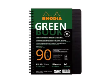Rhodiactive Greenbook Doppelspiralbuch A5+, 16x21cm 80 Blatt kariert mit Kopfleiste - aus Recycling-PP
