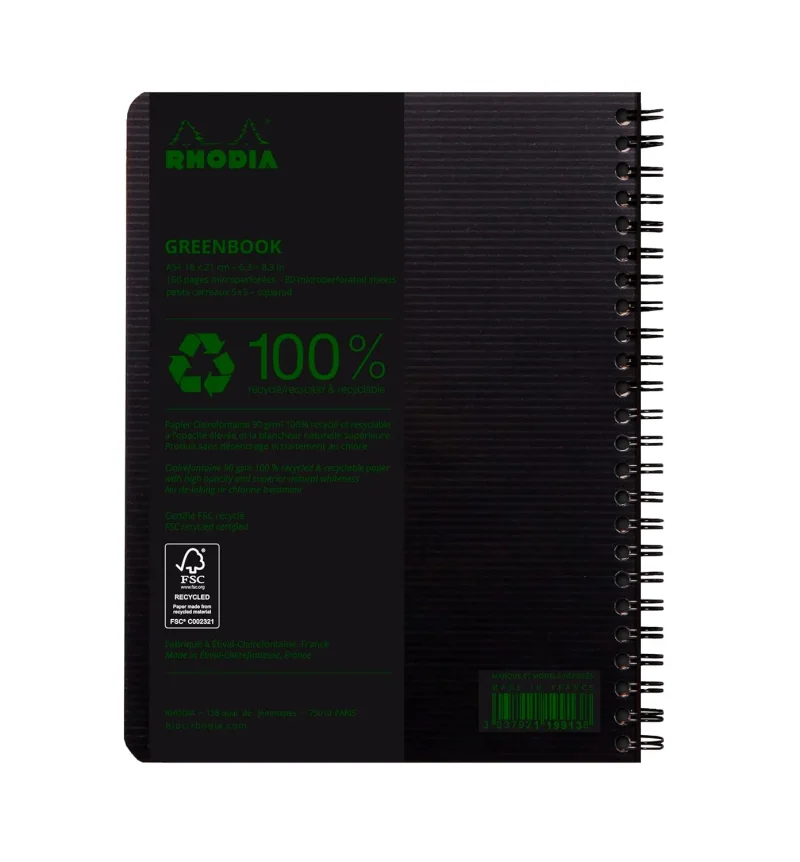 Rhodiactive Greenbook Doppelspiralbuch A5+, 16x21cm 80 Blatt kariert mit Kopfleiste - aus Recycling-PP