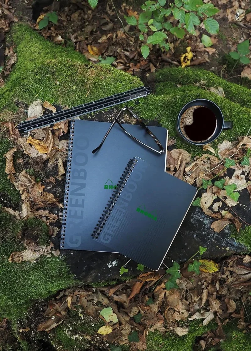 Rhodiactive Greenbook Doppelspiralbuch A5+, 16x21cm 80 Blatt kariert mit Kopfleiste - aus Recycling-PP