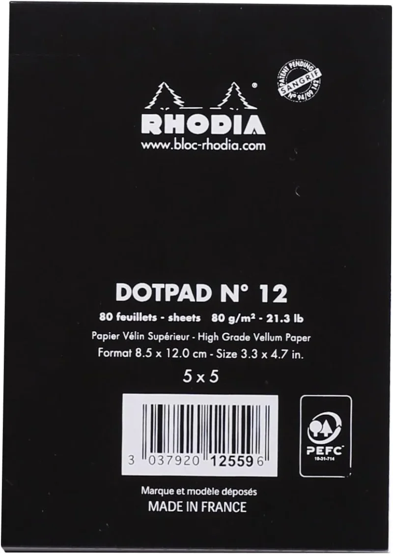 Rhodia dotPad - gehefteter Block No.12 - 8,5x12cm, 80 Blatt dot/punktkariert 80g - Schwarz