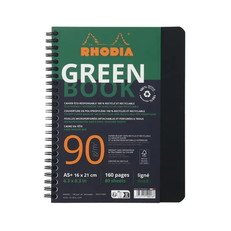 Rhodiactive Greenbook Doppelspiralbuch A5+, 16x21cm, 80 Blatt liniert mit Kopfleiste - aus Recycling-PP