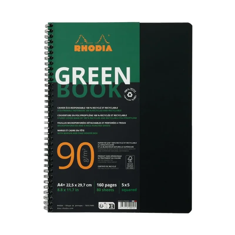 Rhodiactive Greenbook Doppelspiralbuch A4+, 22,5x29,7cm 80 Blatt kariert mit Kopfleiste - aus Recycling-PP