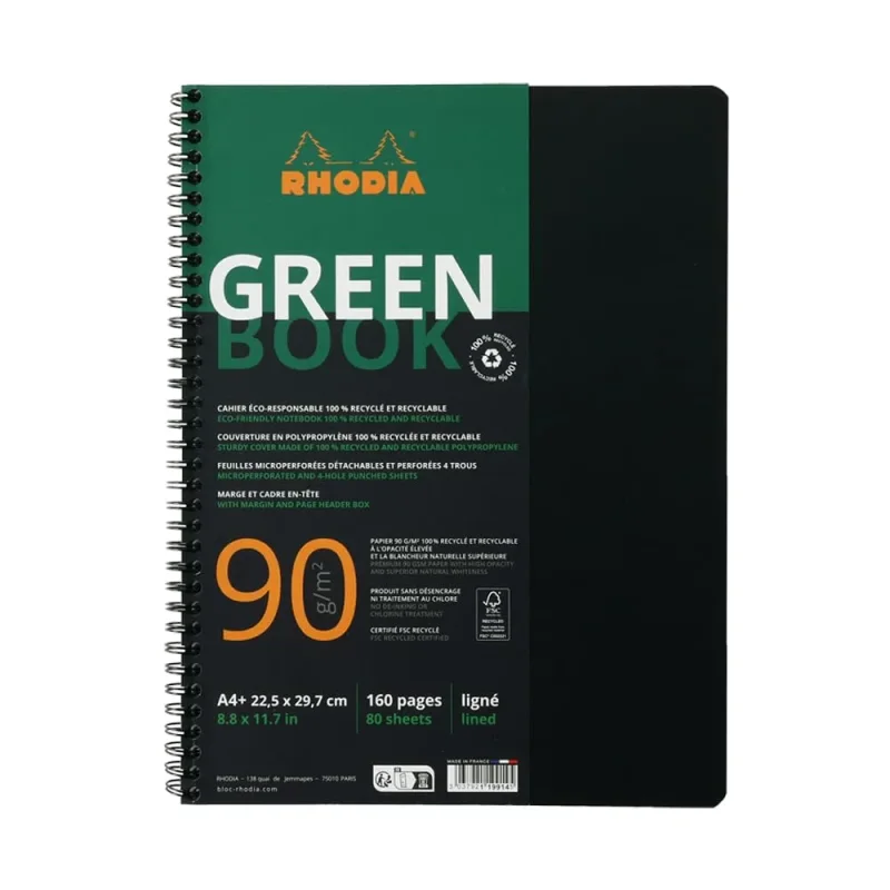 Rhodiactive Greenbook Doppelspiralbuch A4+, 22,5x29,7cm 80 Blatt liniert mit Kopfleiste - aus Recycling-PP